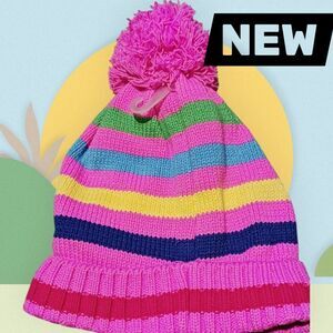 NWT The Children's Place Girls 10-14 Pink Striped Knit Pom-Pom Beanie Hat Lined